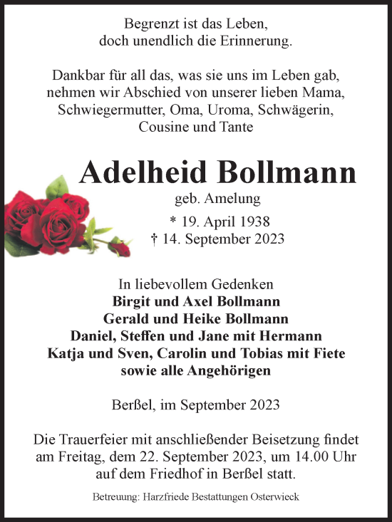 Traueranzeige von Adelheid Bollmann von Volksstimme Halberstadt
