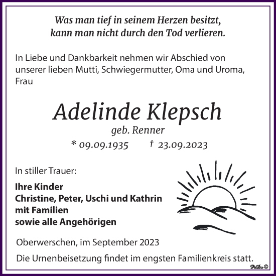Traueranzeige von Adelinde Klepsch von Trauerkombi Weißenfels