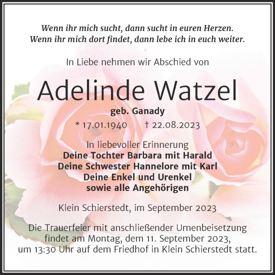 Traueranzeige von Adelinde Watzel von Trauerkombi Aschersleben