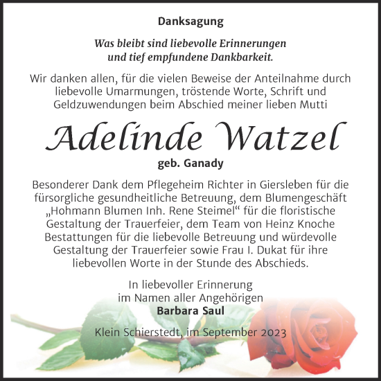 Traueranzeige von Adelinde Watzel von Trauerkombi Aschersleben