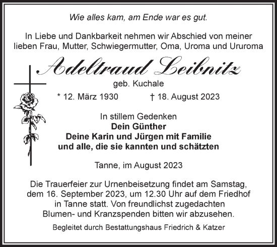 Traueranzeige von Adeltraud Leibnitz von Volksstimme Wernigerode