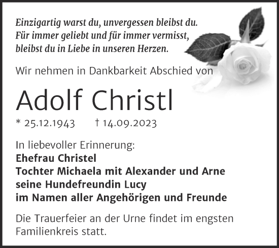 Traueranzeige von Adolf Christl von Trauerkombi Bitterfeld