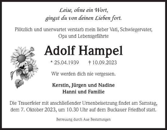 Traueranzeige von Adolf Hampel von Volksstimme Magdeburg