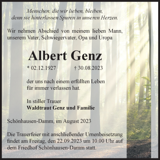 Traueranzeige von Albert Genz von Volksstimme Altmark Ost