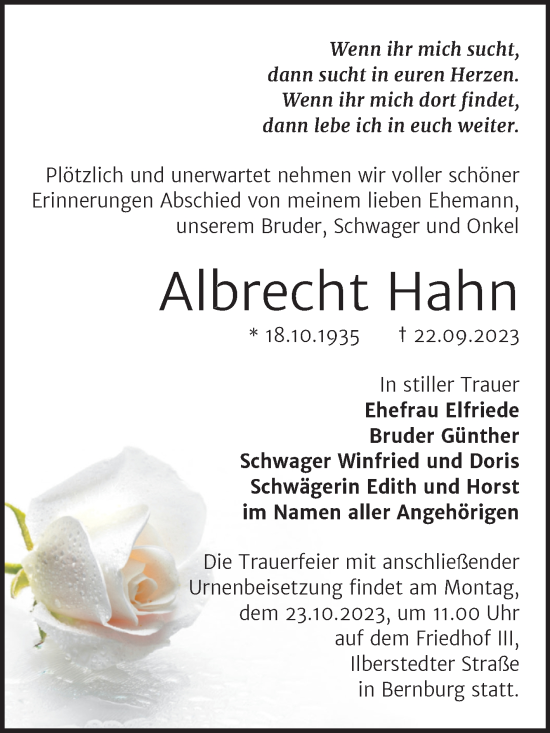 Traueranzeige von Albrecht Hahn von Trauerkombi Bernburg