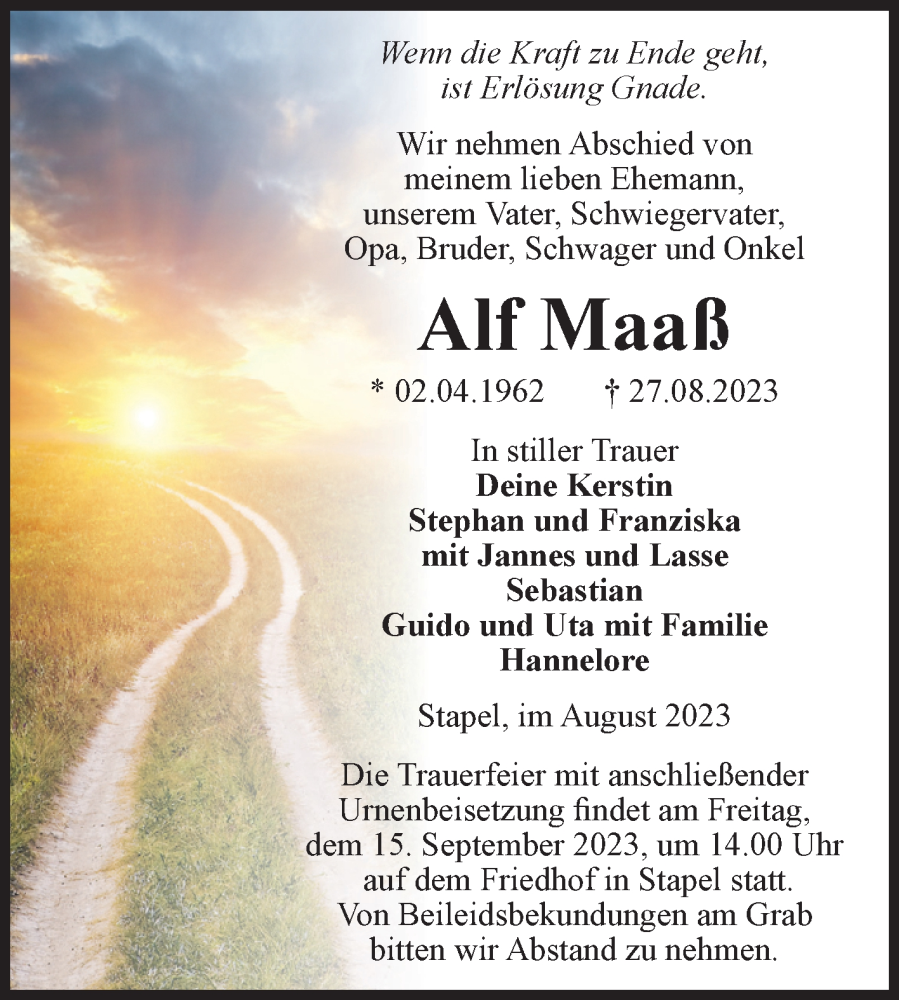  Traueranzeige für Alf Maaß vom 02.09.2023 aus Volksstimme Altmark Ost