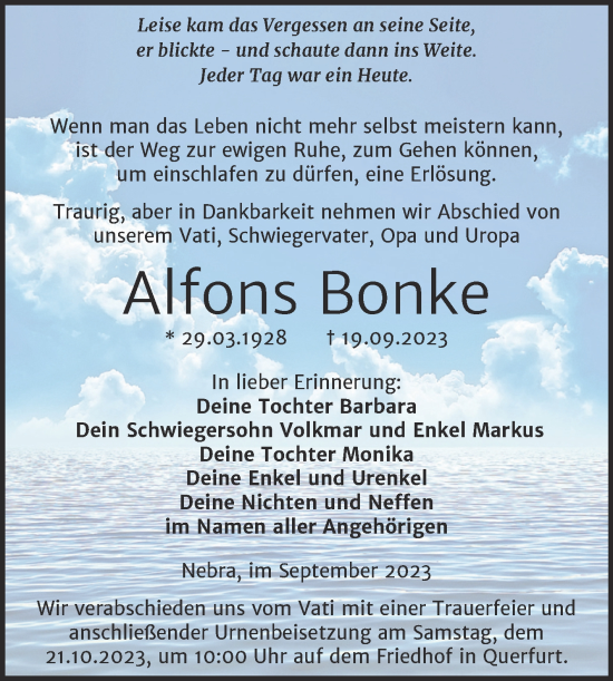 Traueranzeige von Alfons Bonke von Naumburger Tageblatt