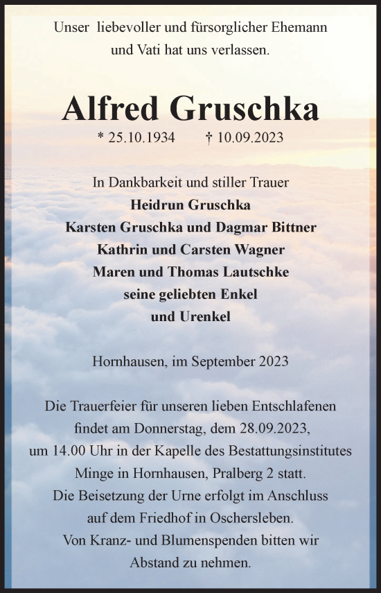 Traueranzeige von Alfred Gruschka von Volksstimme Oschersleben/Wanzleben
