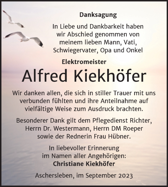 Traueranzeige von Alfred Kiekhöfer von Trauerkombi Aschersleben