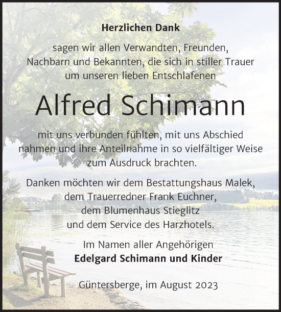 Traueranzeige von Alfred Schimann von Trauerkombi Quedlinburg