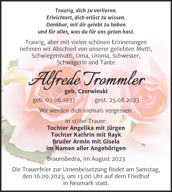 Traueranzeige von Alfrede Trommler von Trauerkombi Merseburg