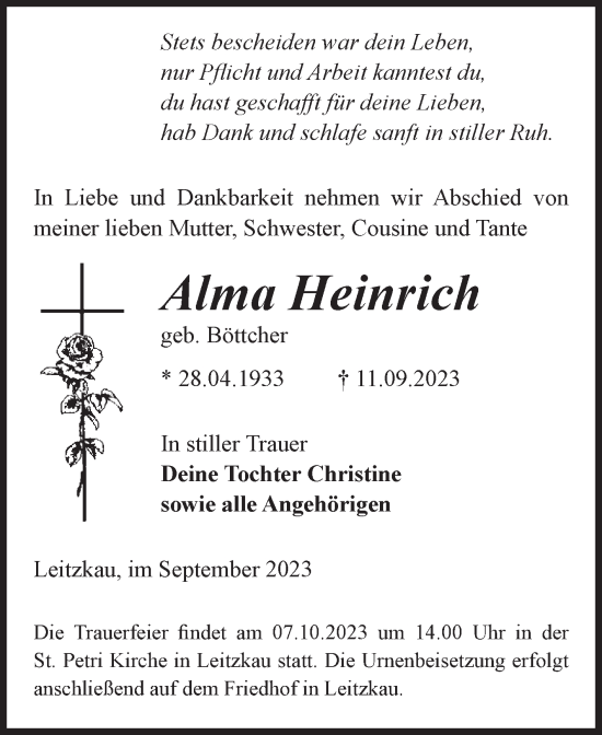 Traueranzeige von Alma Heinrich von Volksstimme Zerbst