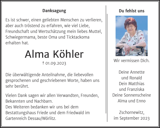 Traueranzeige von Alma Köhler von Trauerkombi Wittenberg