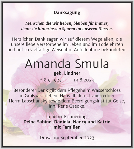Traueranzeige von Amanda Smula von Trauerkombi Köthen