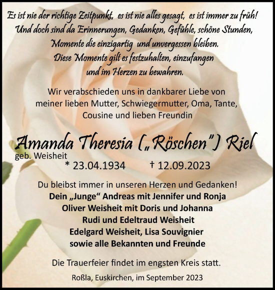 Traueranzeigen von Amanda Theresia Riel | www.abschied-nehmen.de