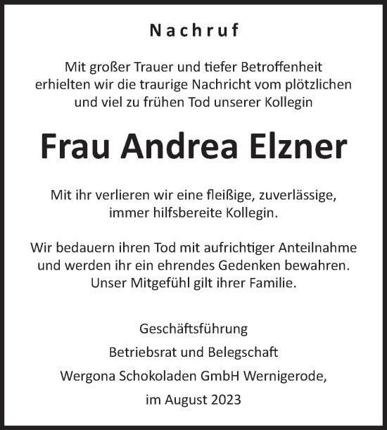 Traueranzeige von Andrea Elzner von Volksstimme Wernigerode