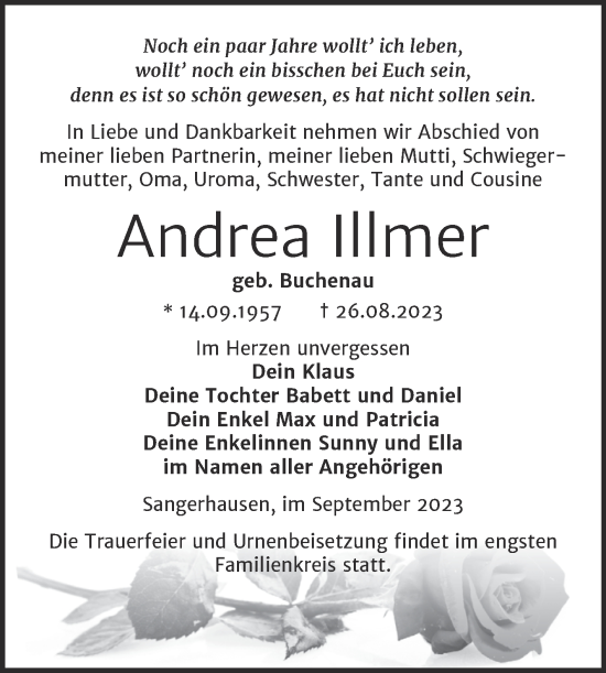 Traueranzeige von Andrea Illmer von Trauerkombi Sangerhausen