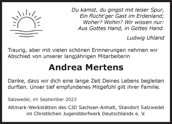 Traueranzeige von Andrea Mertens von Volksstimme Altmark West