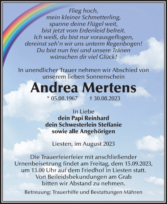 Traueranzeige von Andrea Mertens von Volksstimme Altmark West