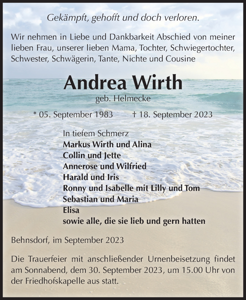 Traueranzeige für Andrea Wirth vom 21.09.2023 aus Volksstimme Haldensleben/Wolmirstedt