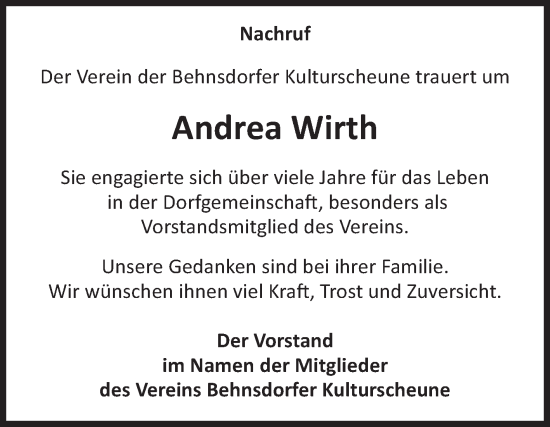 Traueranzeige von Andrea Wirth von Volksstimme Haldensleben/Wolmirstedt