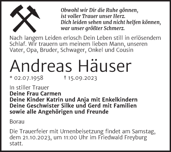 Traueranzeige von Andreas Häuser von Trauerkombi Weißenfels