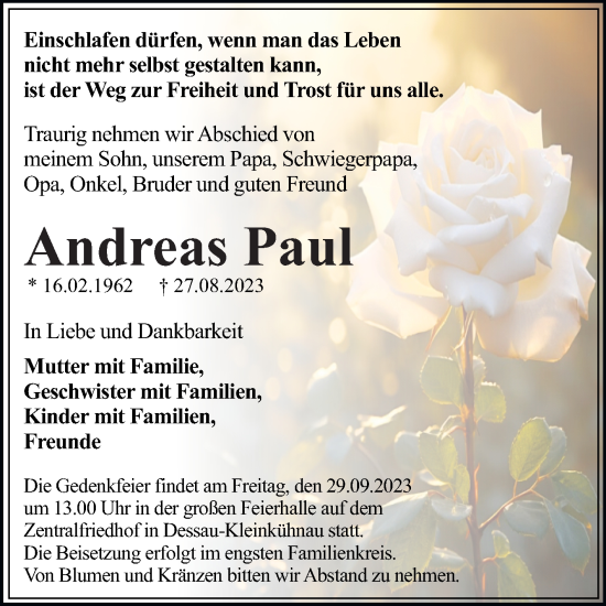 Traueranzeige von Andreas Paul von Trauerkombi Dessau