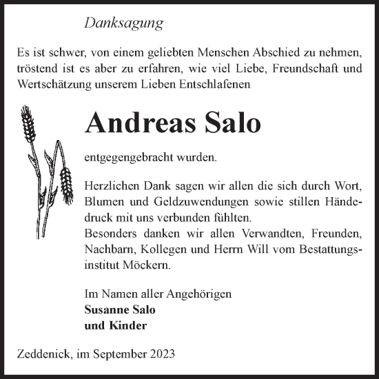 Traueranzeige von Andreas Salo von Volksstimme Burg/Genthin