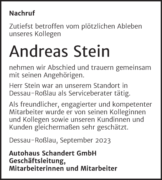 Traueranzeige von Andreas Stein von Super Sonntag Dessau-Roßlau