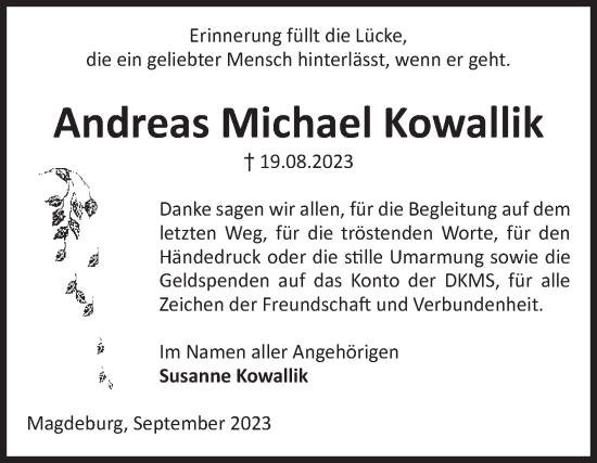 Traueranzeige von Andreas Michael Kowallik von Volksstimme Magdeburg