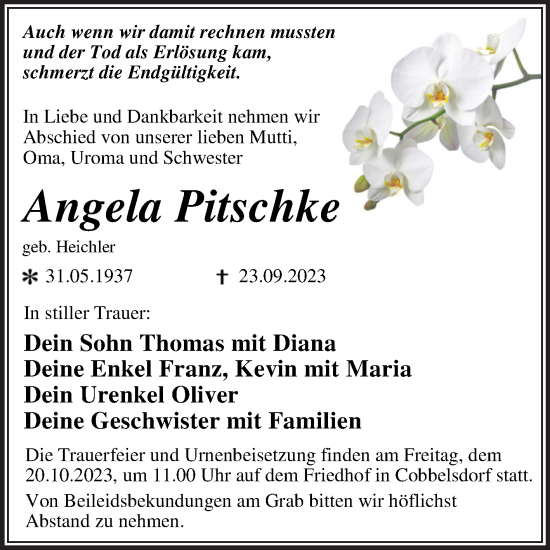 Traueranzeige von Angela Pitschke von Trauerkombi Wittenberg
