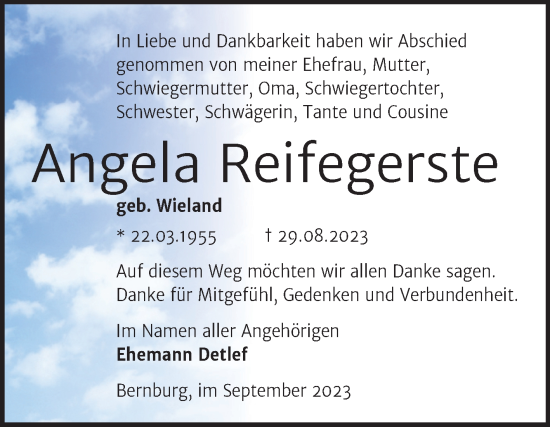 Traueranzeige von Angela Reifegerste von Trauerkombi Bernburg