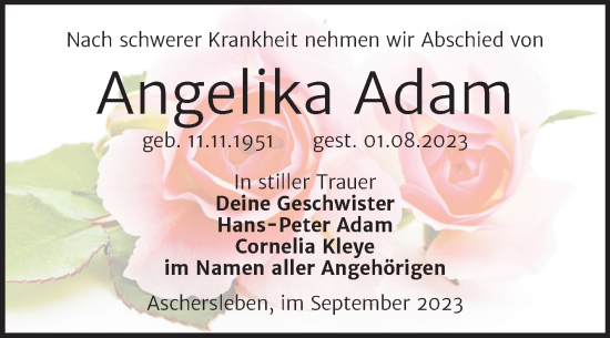 Traueranzeige von Angelika Adam von Trauerkombi Aschersleben
