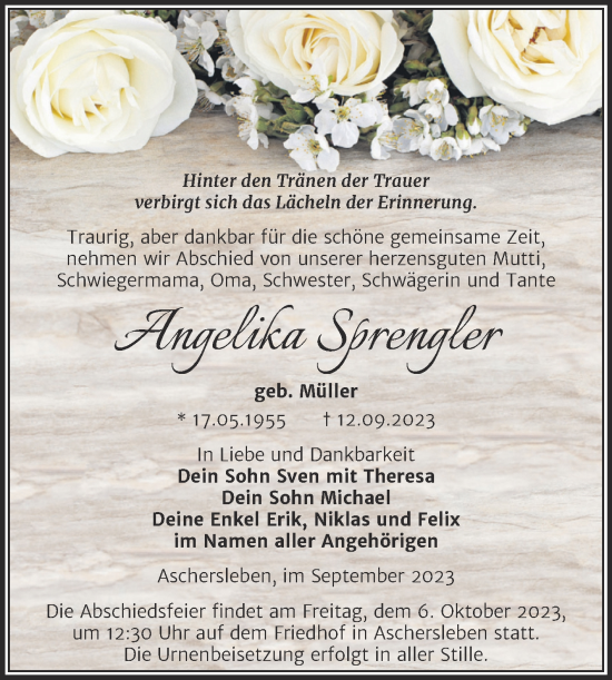 Traueranzeige von Angelika Sprengler von Trauerkombi Aschersleben