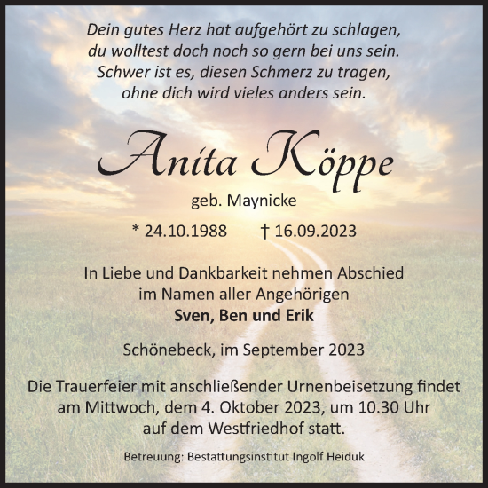 Traueranzeige von Anita Köppe von Volksstimme Schönebeck