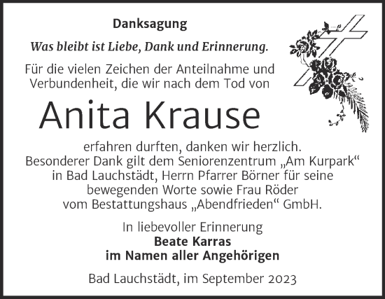 Traueranzeige von Anita Krause von Trauerkombi Merseburg