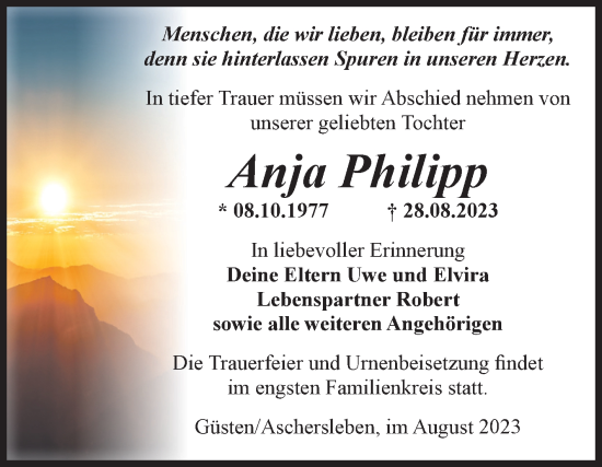 Traueranzeige von Anja Philipp von Volksstimme Staßfurt
