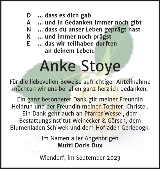 Traueranzeige von Anke Stoye von Trauerkombi Bernburg