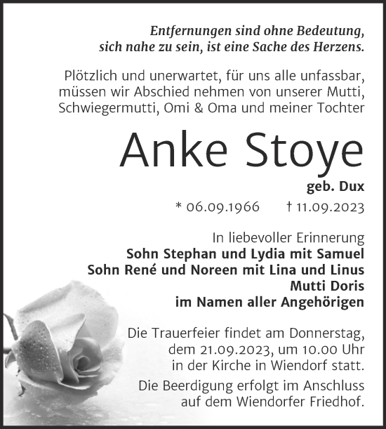 Traueranzeige von Anke Stoye von Trauerkombi Bernburg