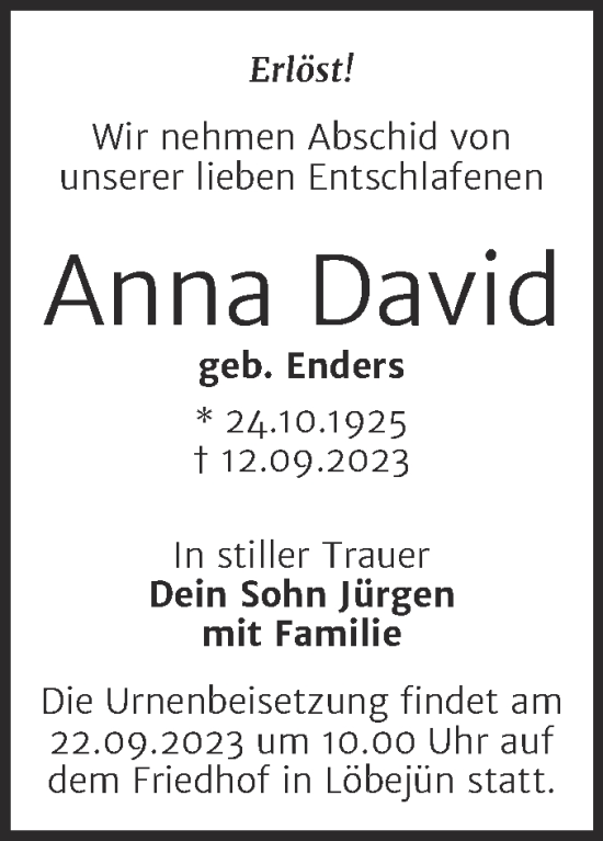 Traueranzeige von Anna David von Mitteldeutsche Zeitung Köthen