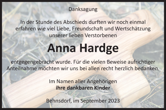 Traueranzeige von Anna Hardge von Volksstimme Haldensleben/Wolmirstedt