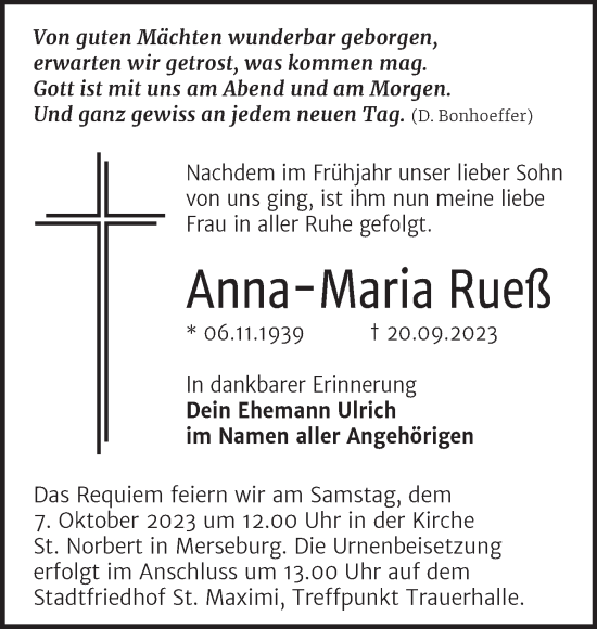 Traueranzeige von Anna-Maria Rueß von Trauerkombi Merseburg