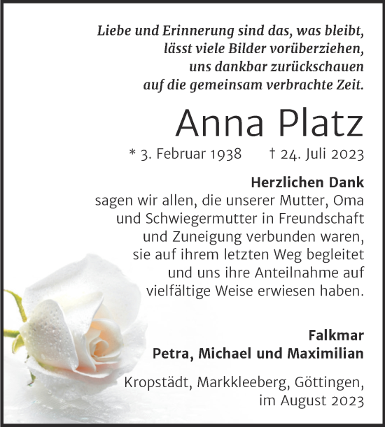 Traueranzeige von Anna Platz von Trauerkombi Wittenberg