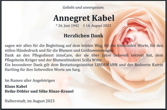 Traueranzeige von Annegret Kabel von Volksstimme Halberstadt