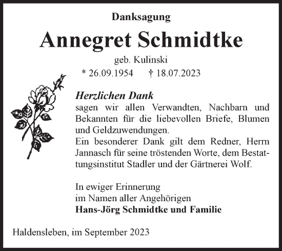 Traueranzeige von Annegret Schmidtke von Volksstimme Haldensleben/Wolmirstedt