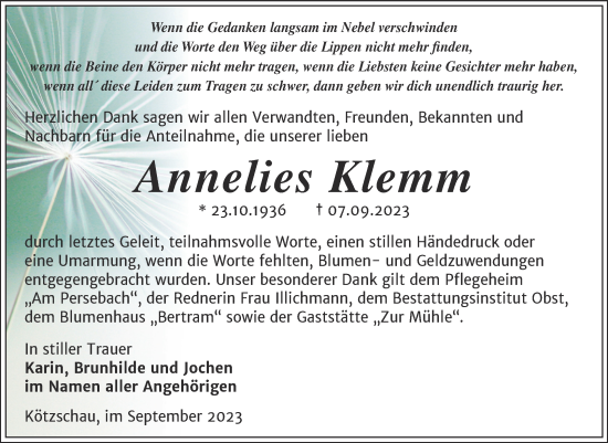 Traueranzeige von Annelies Klemm von Trauerkombi Merseburg