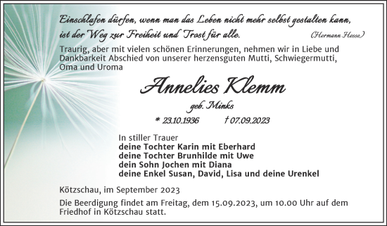 Traueranzeige von Annelies Klemm von Mitteldeutsche Zeitung Merseburg/Querfurt