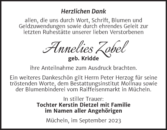 Traueranzeige von Annelies Zobel von Trauerkombi Merseburg