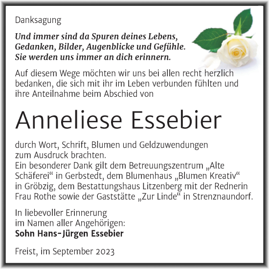 Traueranzeige von Anneliese Essebier von Trauerkombi Mansfelder Land