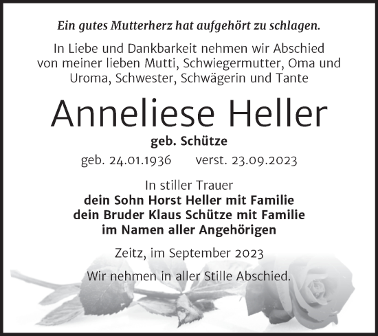 Traueranzeige von Anneliese Heller von Trauerkombi Zeitz